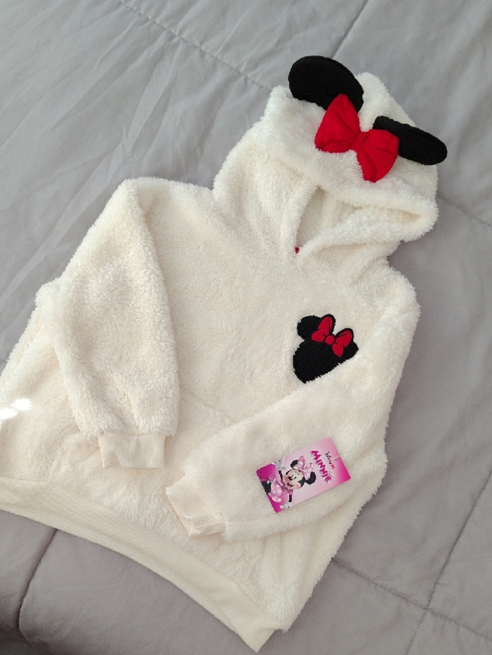 Disney Cream Hooded Minnie Mouse Fleece Top with Red Bow - Picture 5 of 8